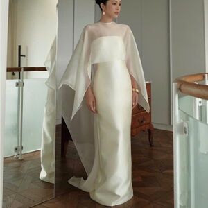 Elegant Ivory Satin Column Gown with Sheer Cape- BRIDAL
